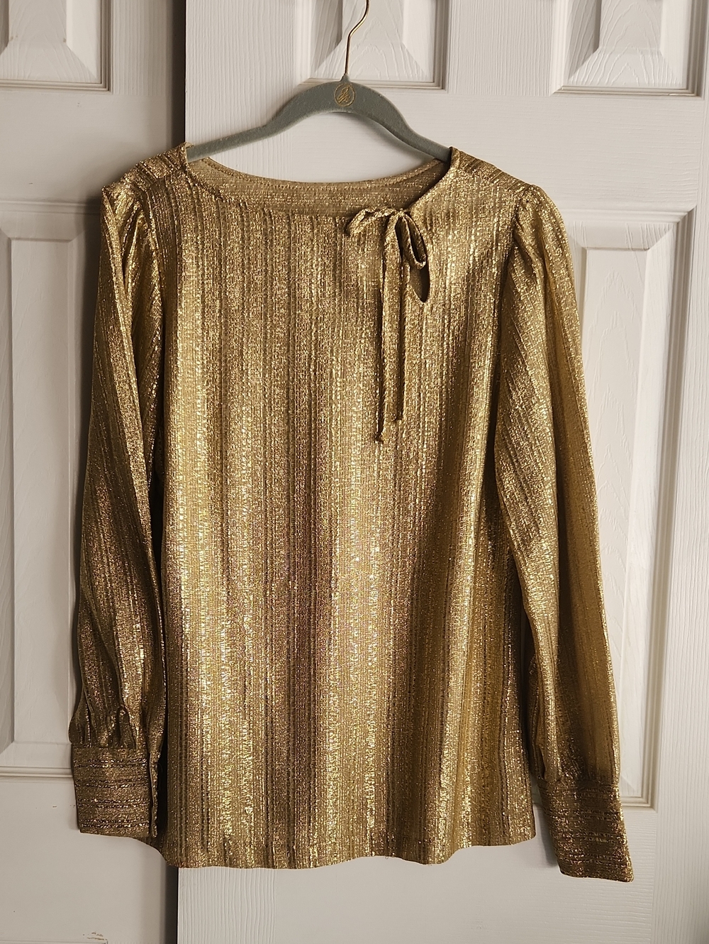 Teddi Metallic Gold Long-Sleeve Tie-Neck Blouse